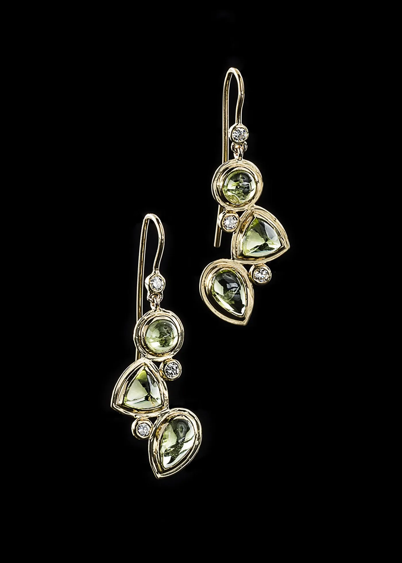 Peridot & Diamond 18K Gold Drop Earrings, Mosaic 3 Stone