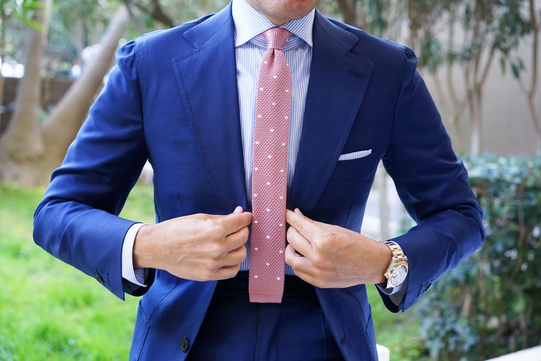 Pink Knitted Tie with White Polka Dots