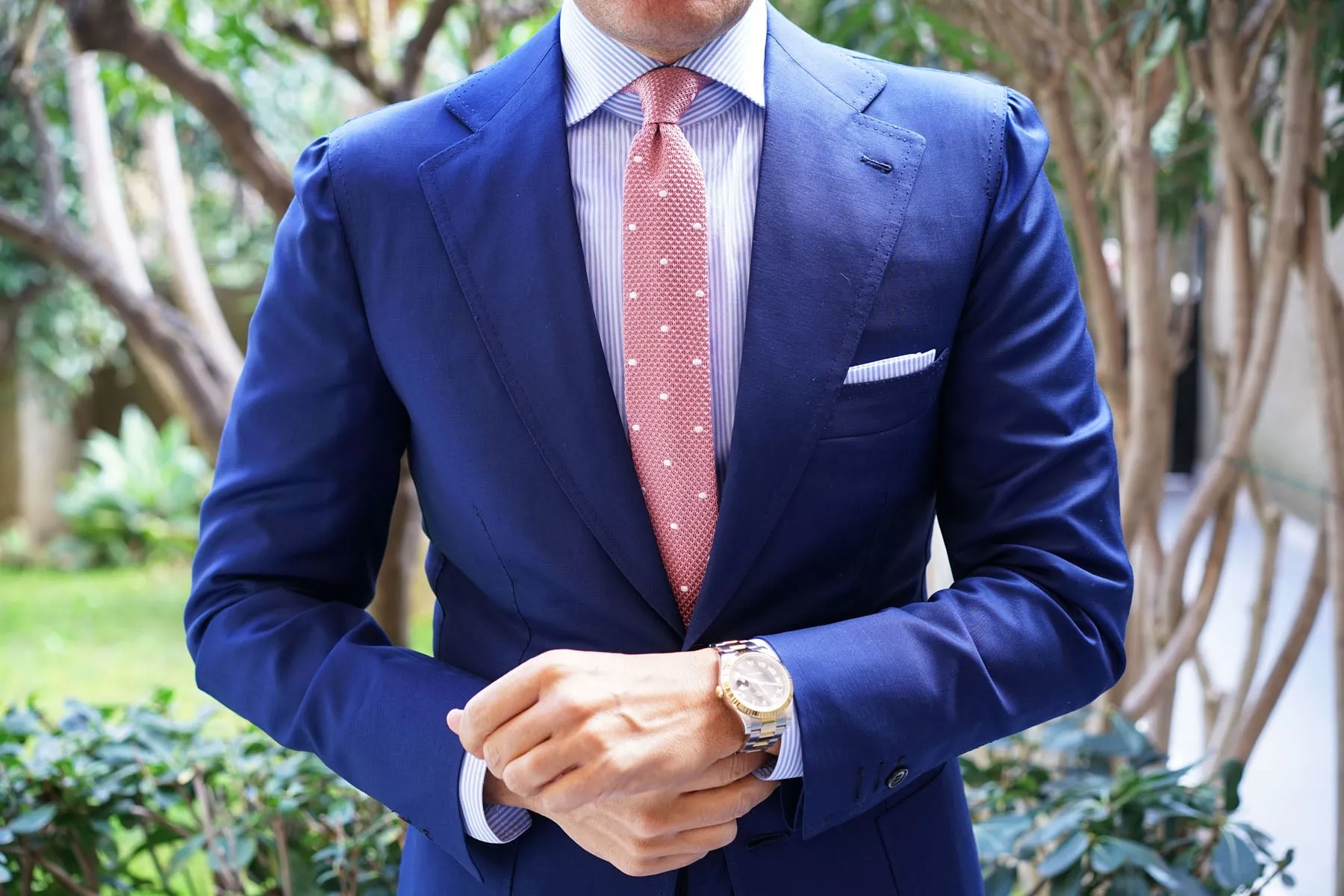 Pink Knitted Tie with White Polka Dots