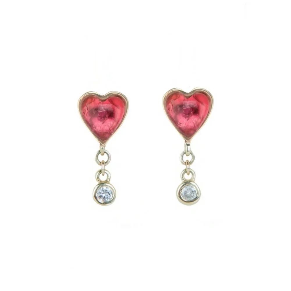 Pink Tourmaline Byrdie Heart Studs with Diamond Dangle