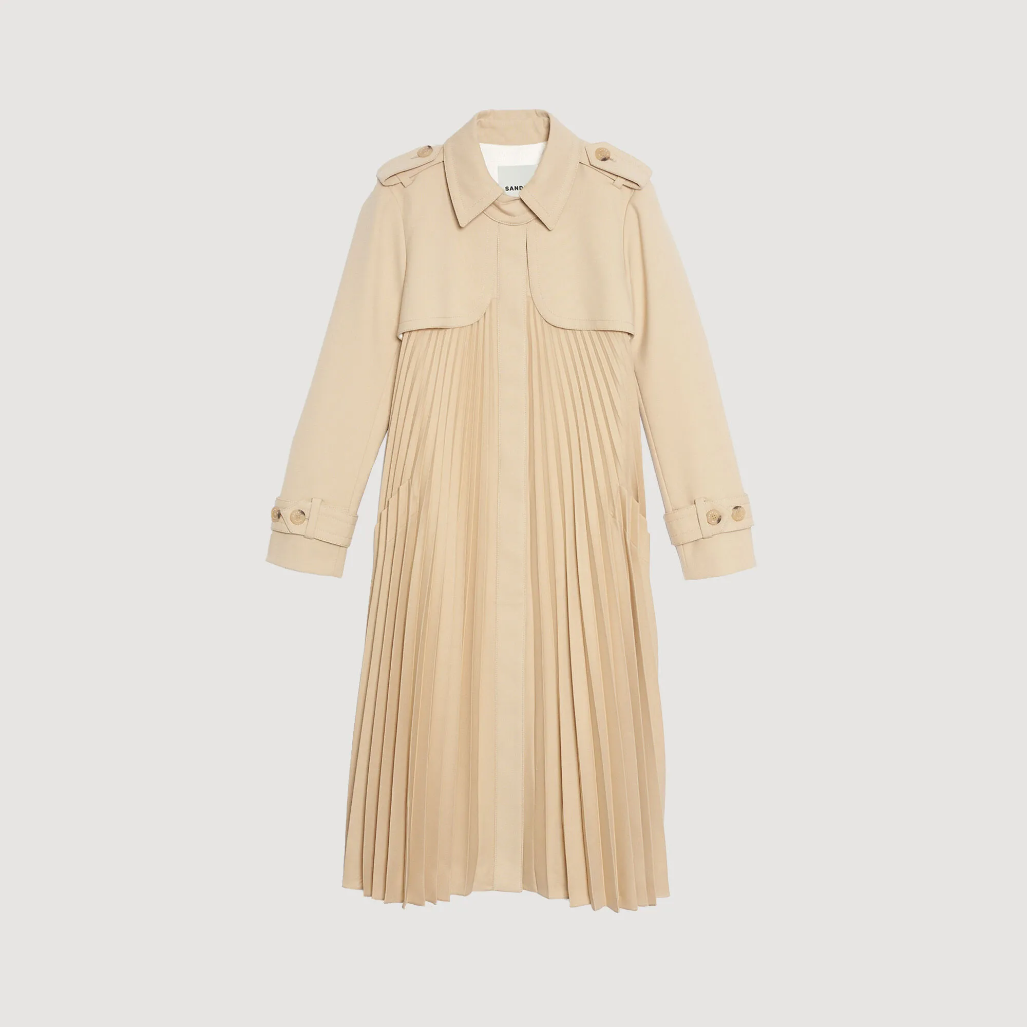 Pleated trench coat with belt