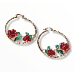 Red rose hoop earrings