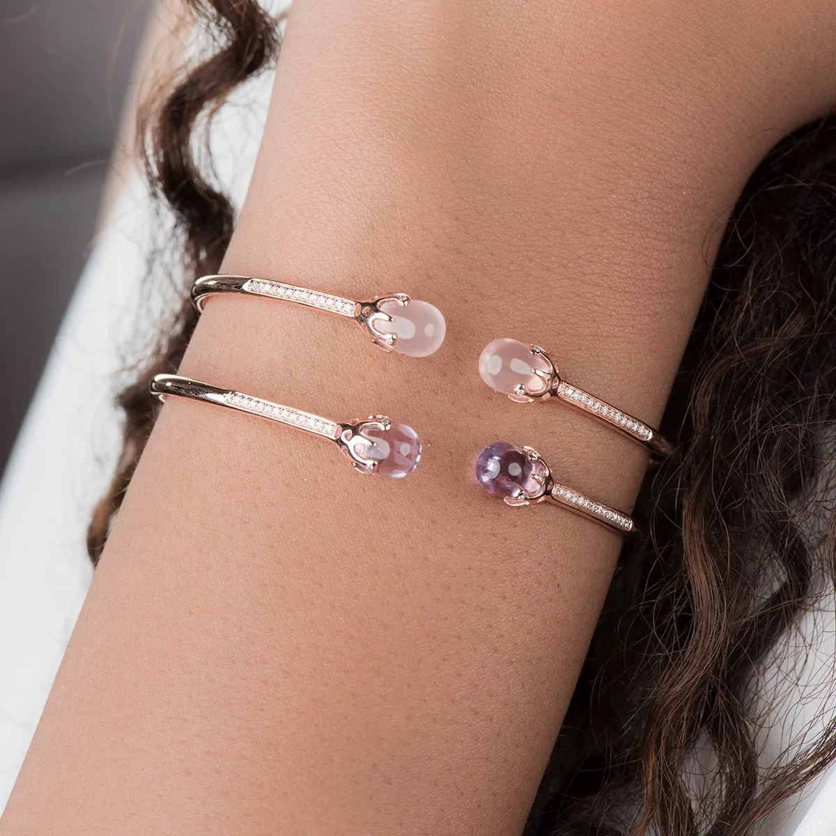 Rose Quartz Cuff Bangle with Diamonds