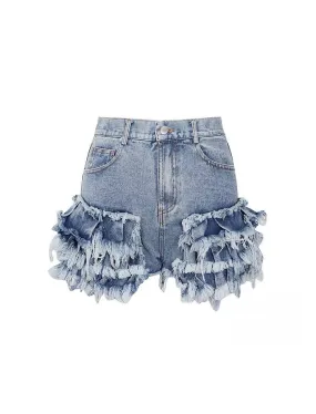 Ruffle Detailed Raw Edge Denim Shorts