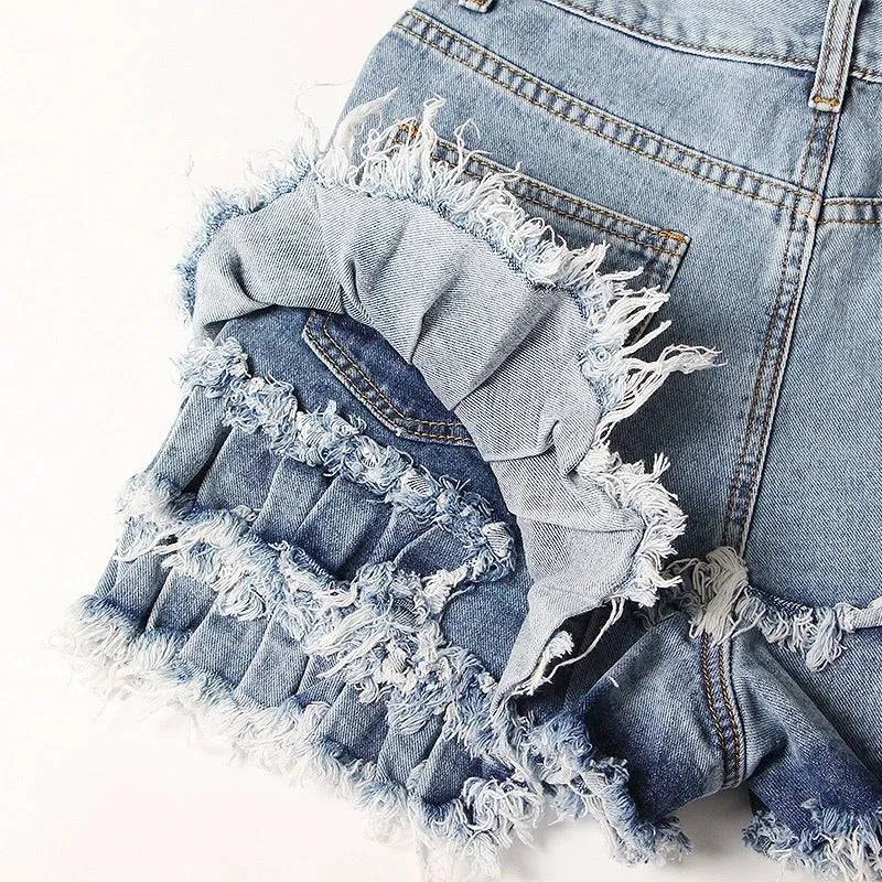 Ruffle Detailed Raw Edge Denim Shorts