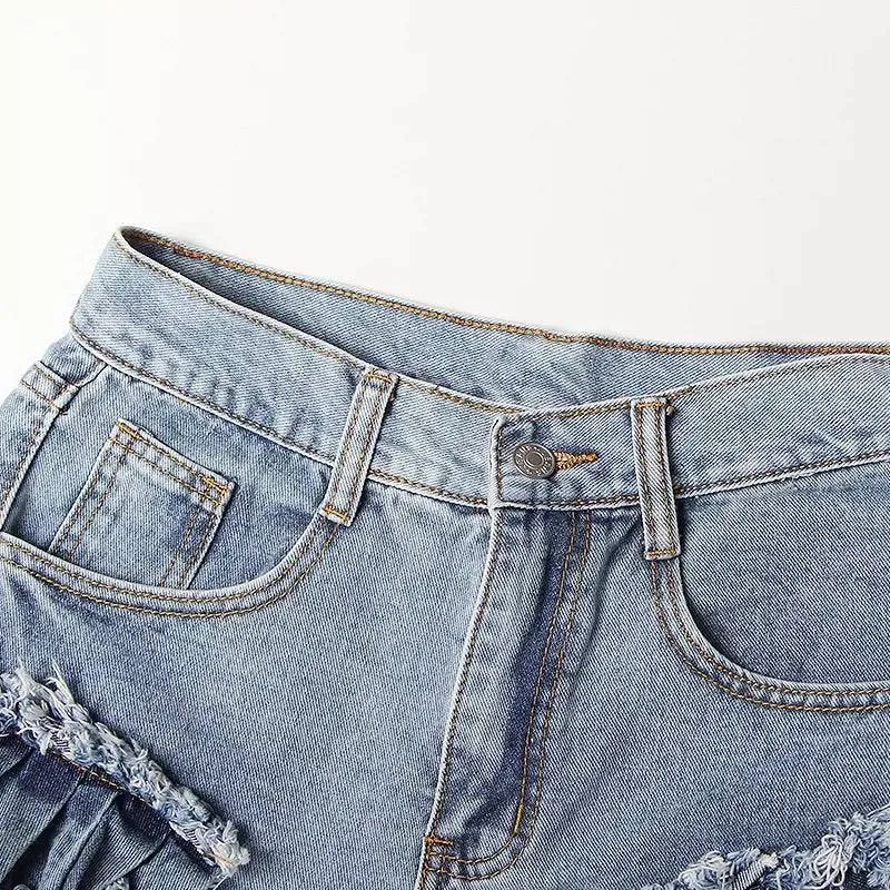 Ruffle Detailed Raw Edge Denim Shorts