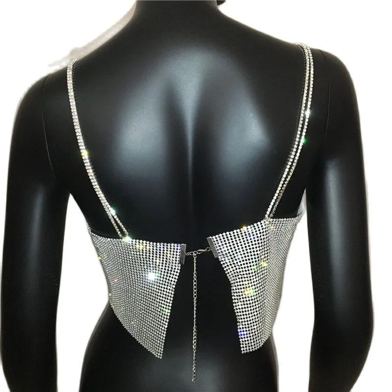 Sequin Shiny Crystal Chain Tank Top Glitter Metal Mesh Halter Metallic Strap Crop Top