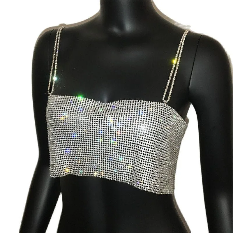 Sequin Shiny Crystal Chain Tank Top Glitter Metal Mesh Halter Metallic Strap Crop Top