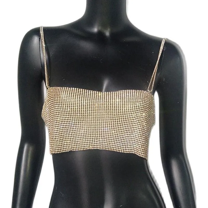 Sequin Shiny Crystal Chain Tank Top Glitter Metal Mesh Halter Metallic Strap Crop Top