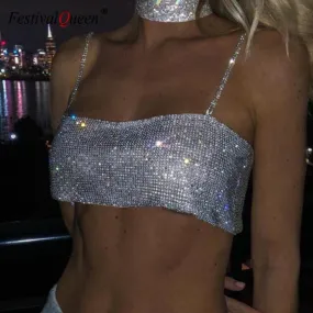 Sequin Shiny Crystal Chain Tank Top Glitter Metal Mesh Halter Metallic Strap Crop Top