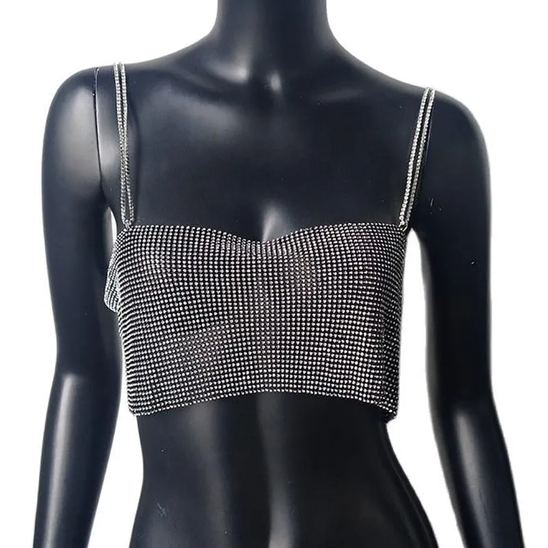 Sequin Shiny Crystal Chain Tank Top Glitter Metal Mesh Halter Metallic Strap Crop Top