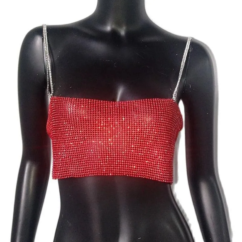 Sequin Shiny Crystal Chain Tank Top Glitter Metal Mesh Halter Metallic Strap Crop Top