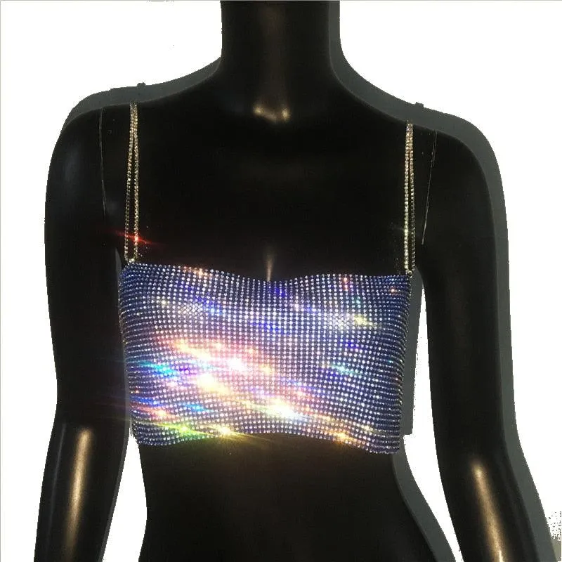 Sequin Shiny Crystal Chain Tank Top Glitter Metal Mesh Halter Metallic Strap Crop Top