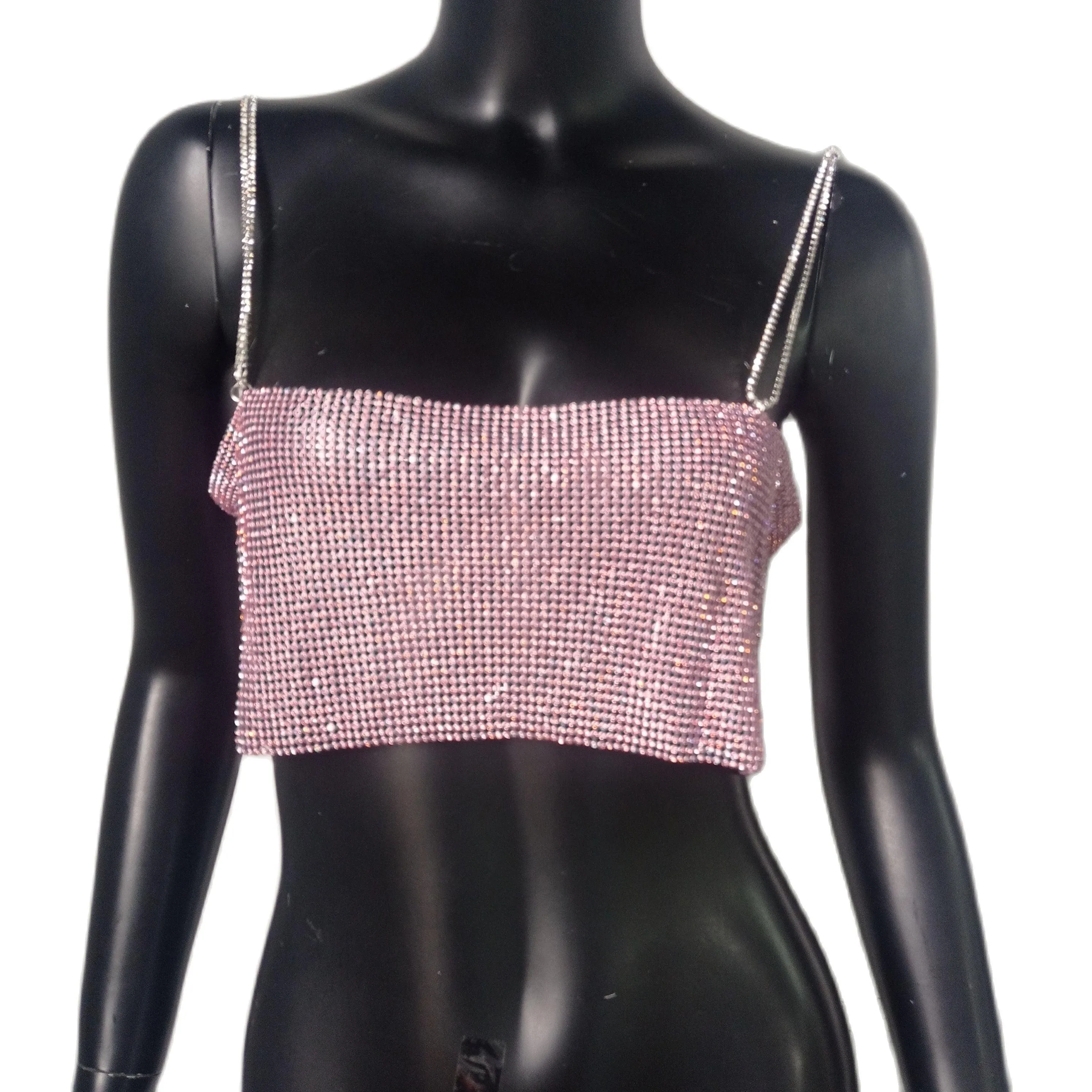 Sequin Shiny Crystal Chain Tank Top Glitter Metal Mesh Halter Metallic Strap Crop Top