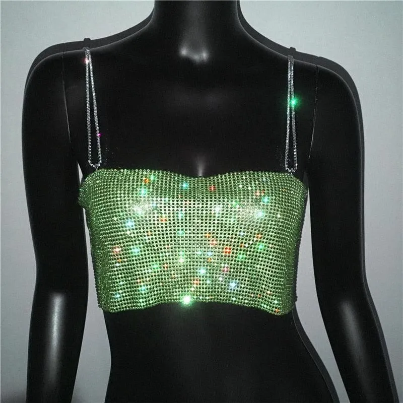 Sequin Shiny Crystal Chain Tank Top Glitter Metal Mesh Halter Metallic Strap Crop Top