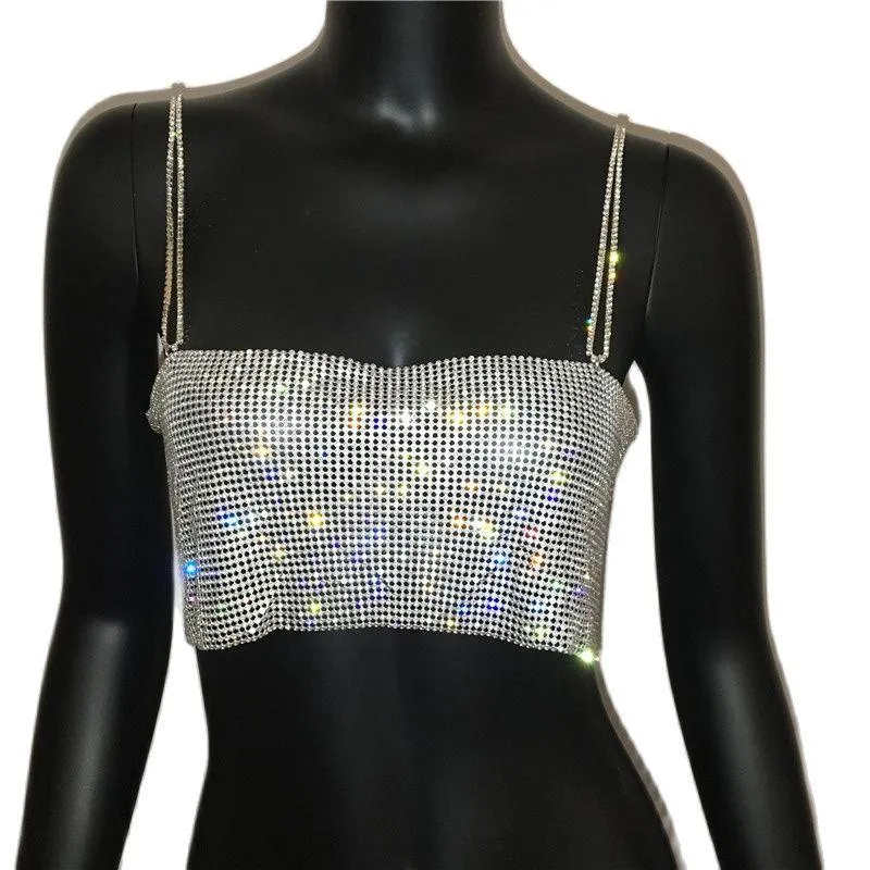 Sequin Shiny Crystal Chain Tank Top Glitter Metal Mesh Halter Metallic Strap Crop Top