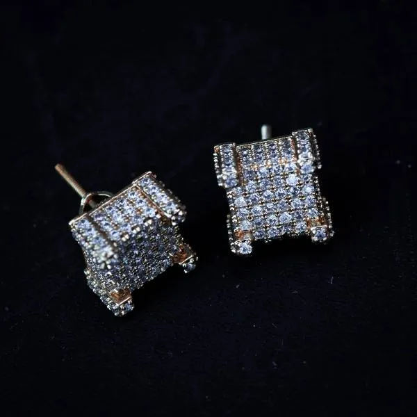 Square Studded Diamond Earrings in Yellow/White Gold