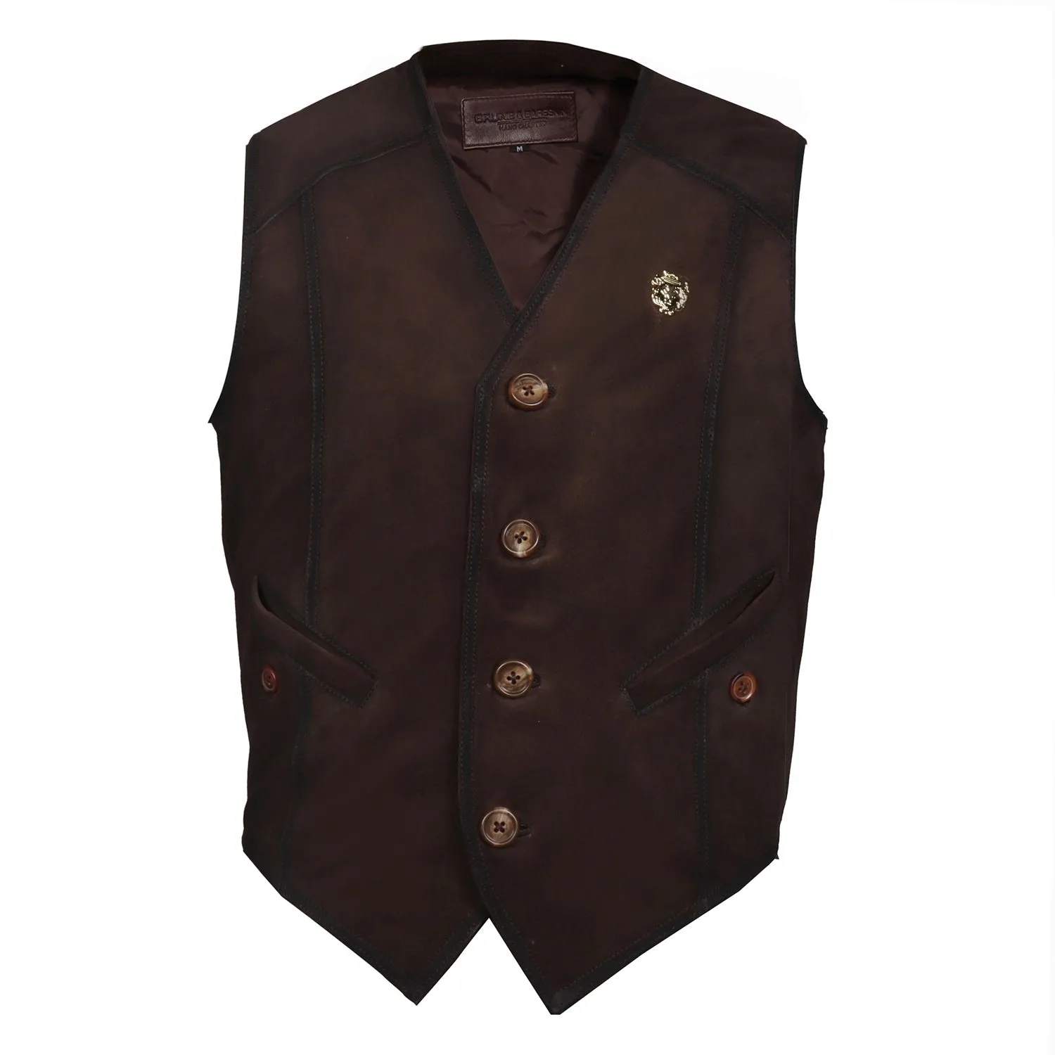 Straight Stitched Dark Brown Vests with Button Closure in Suede Leather