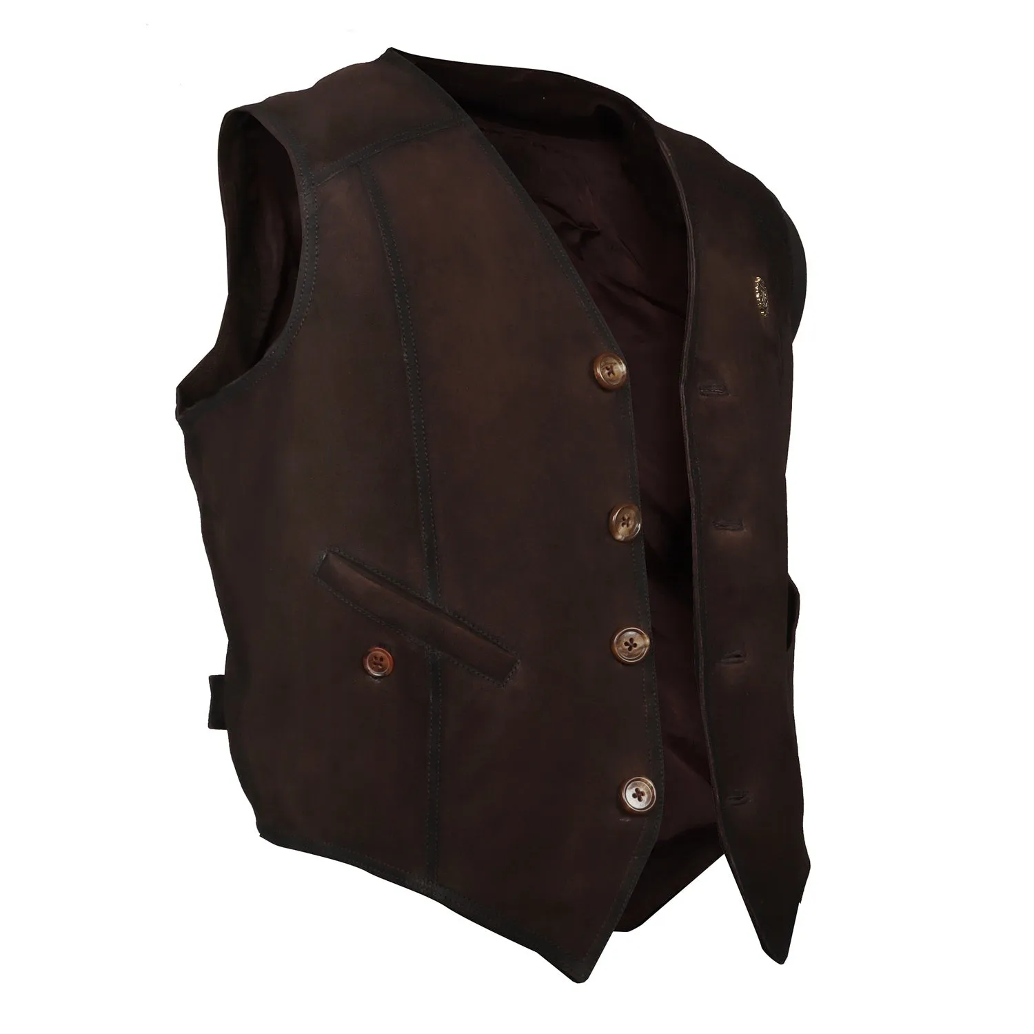 Straight Stitched Dark Brown Vests with Button Closure in Suede Leather