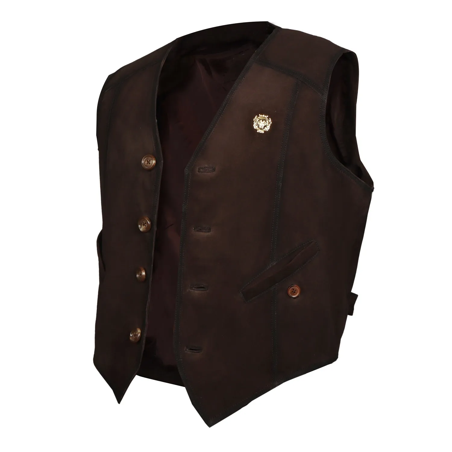 Straight Stitched Dark Brown Vests with Button Closure in Suede Leather