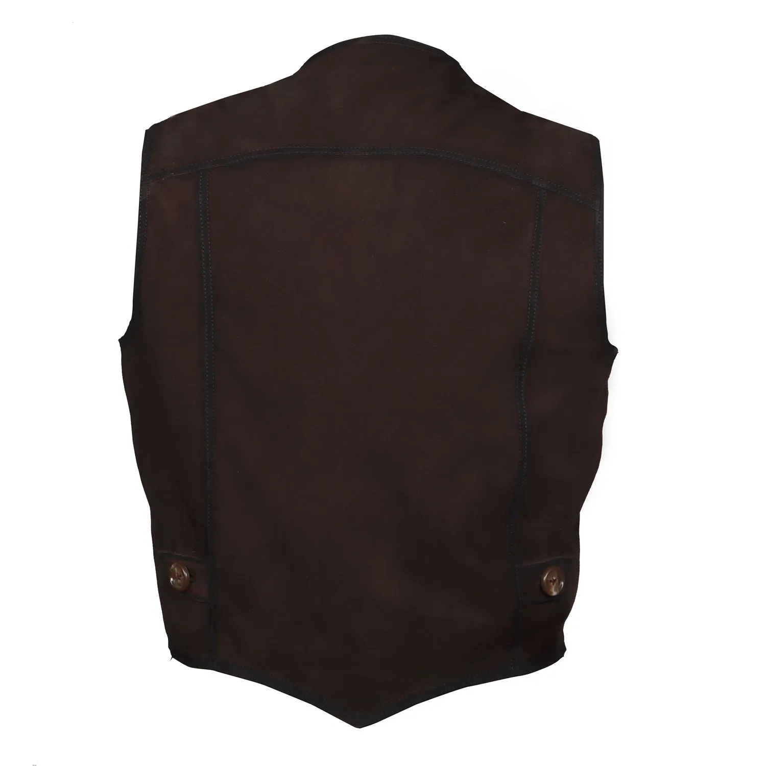 Straight Stitched Dark Brown Vests with Button Closure in Suede Leather