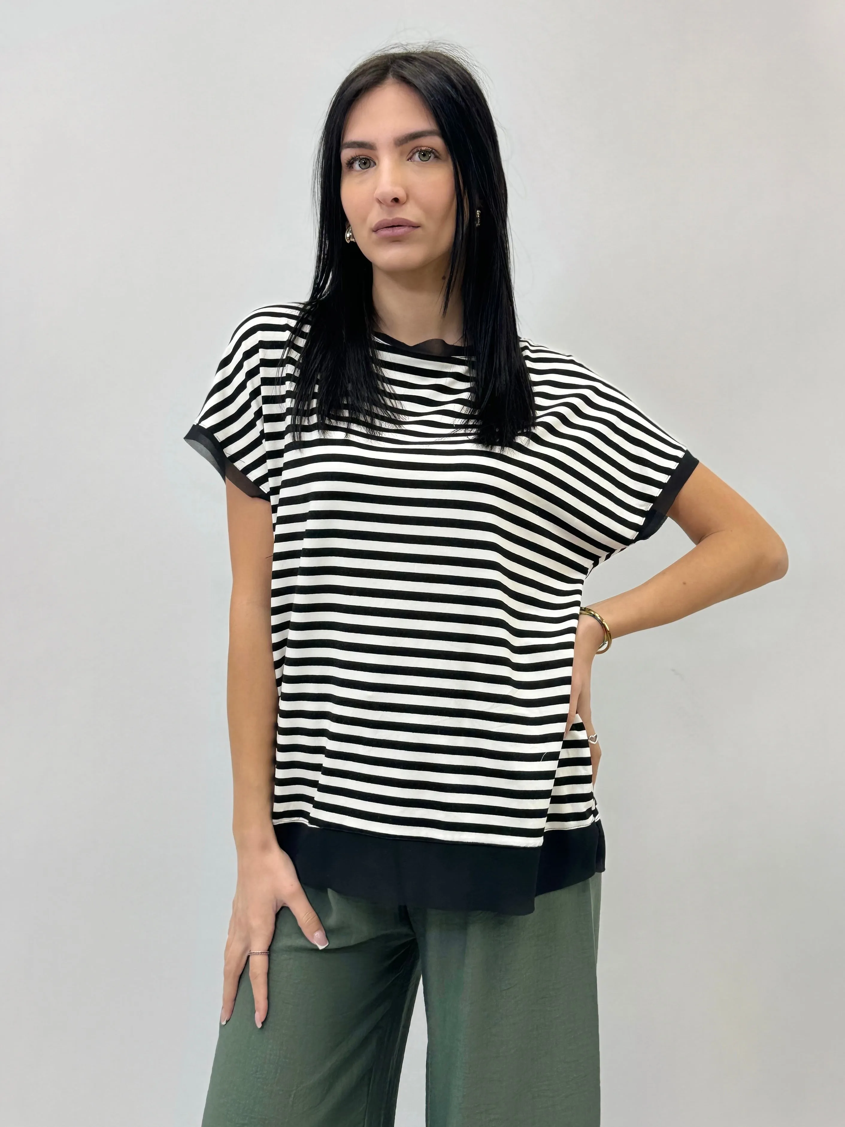 T-shirt taglia comoda in lurex a righe