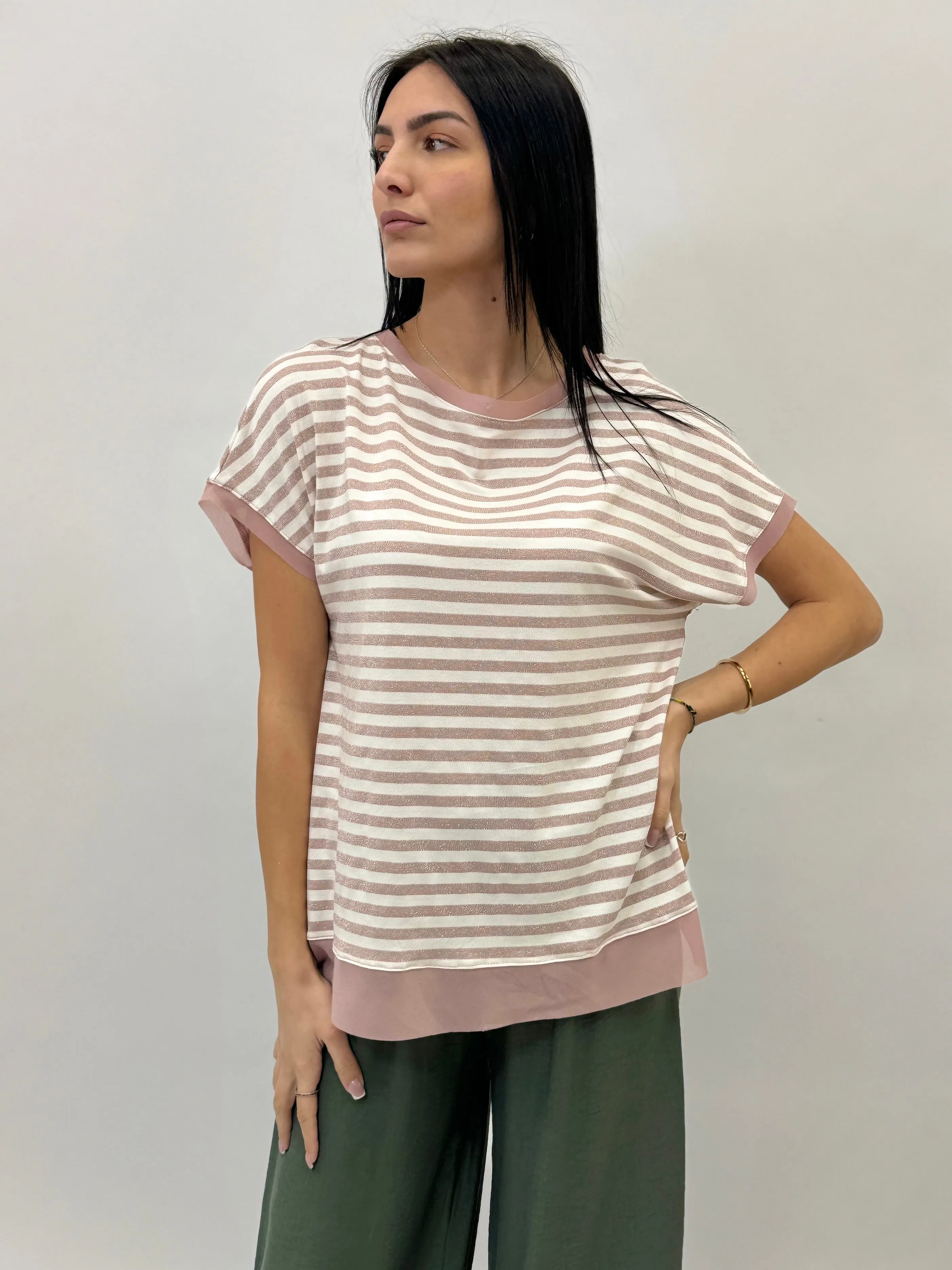 T-shirt taglia comoda in lurex a righe