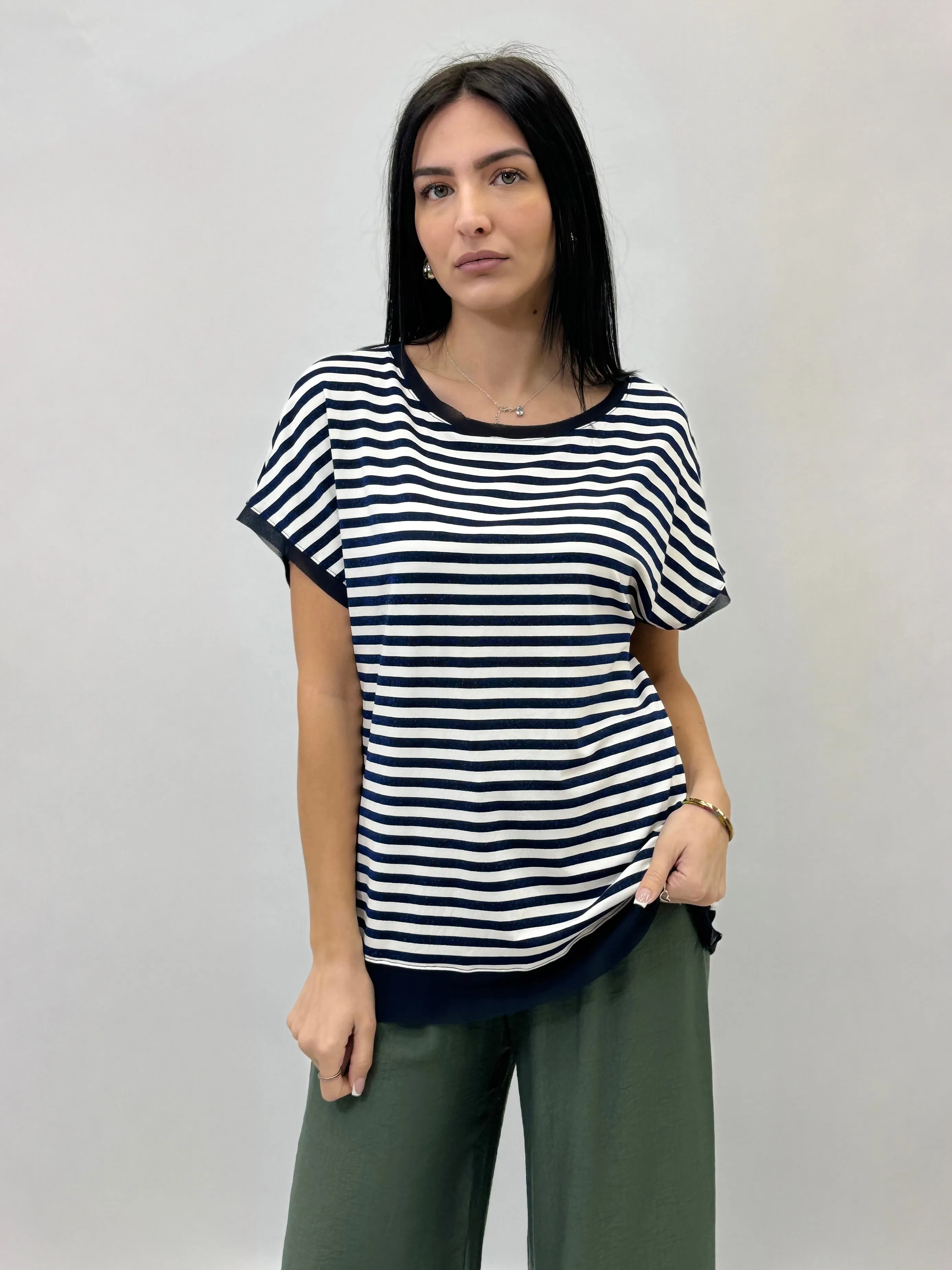 T-shirt taglia comoda in lurex a righe