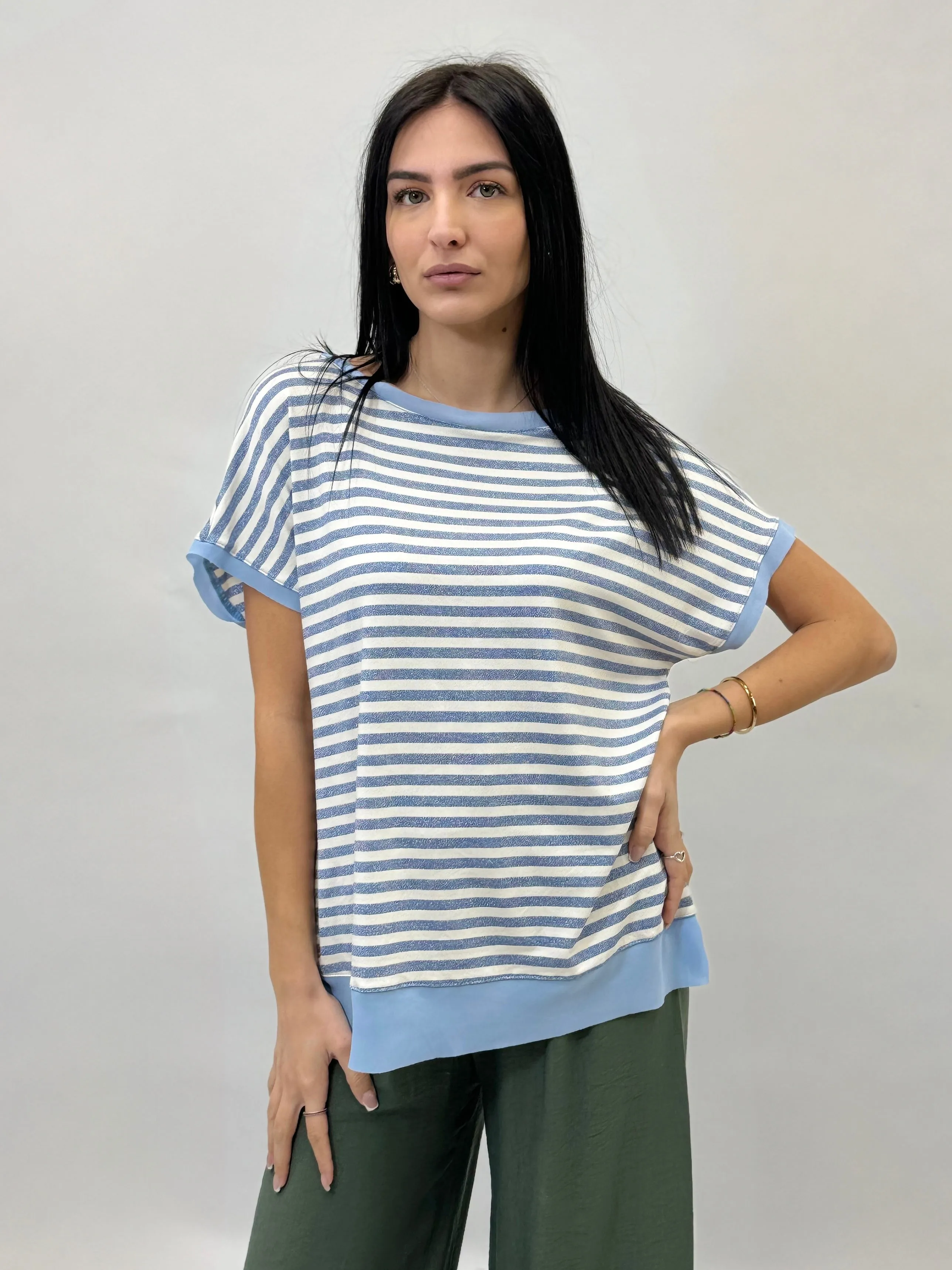 T-shirt taglia comoda in lurex a righe