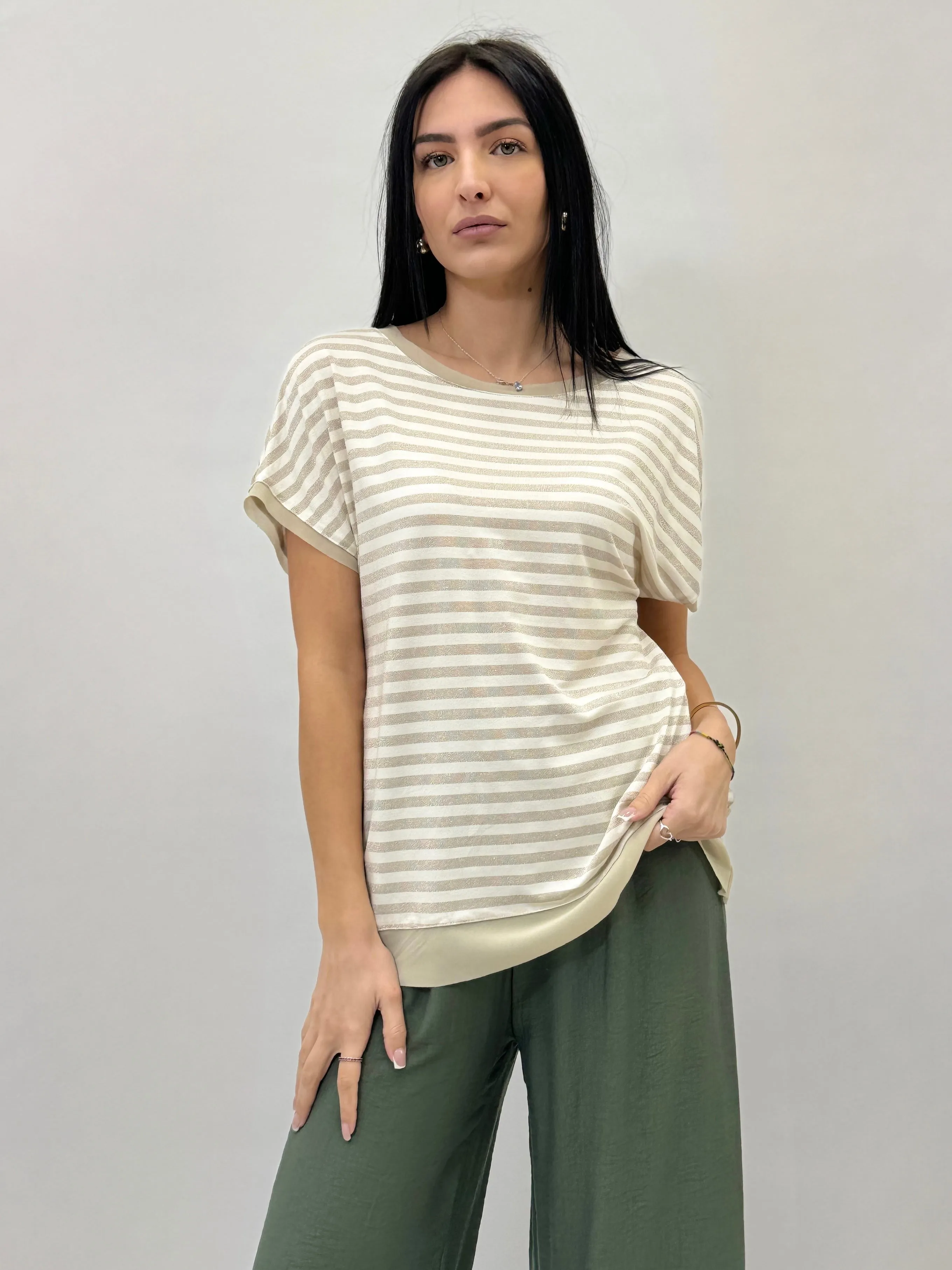 T-shirt taglia comoda in lurex a righe