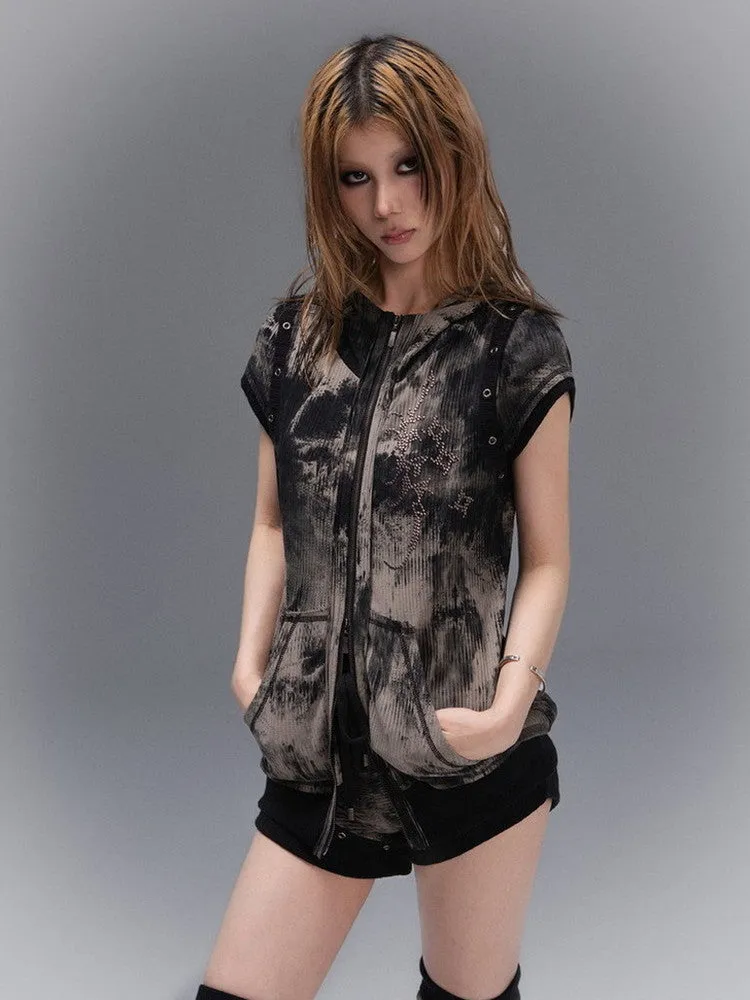 Tie-Dye Hoodie No-Sleeve Stud Vintage Tops