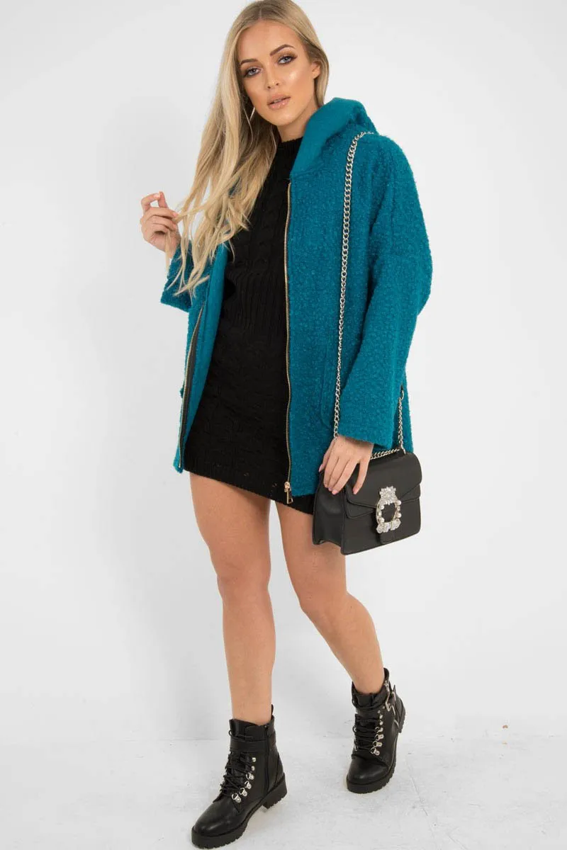 Turquoise Hooded Zip Front Borg Coat - Loryn