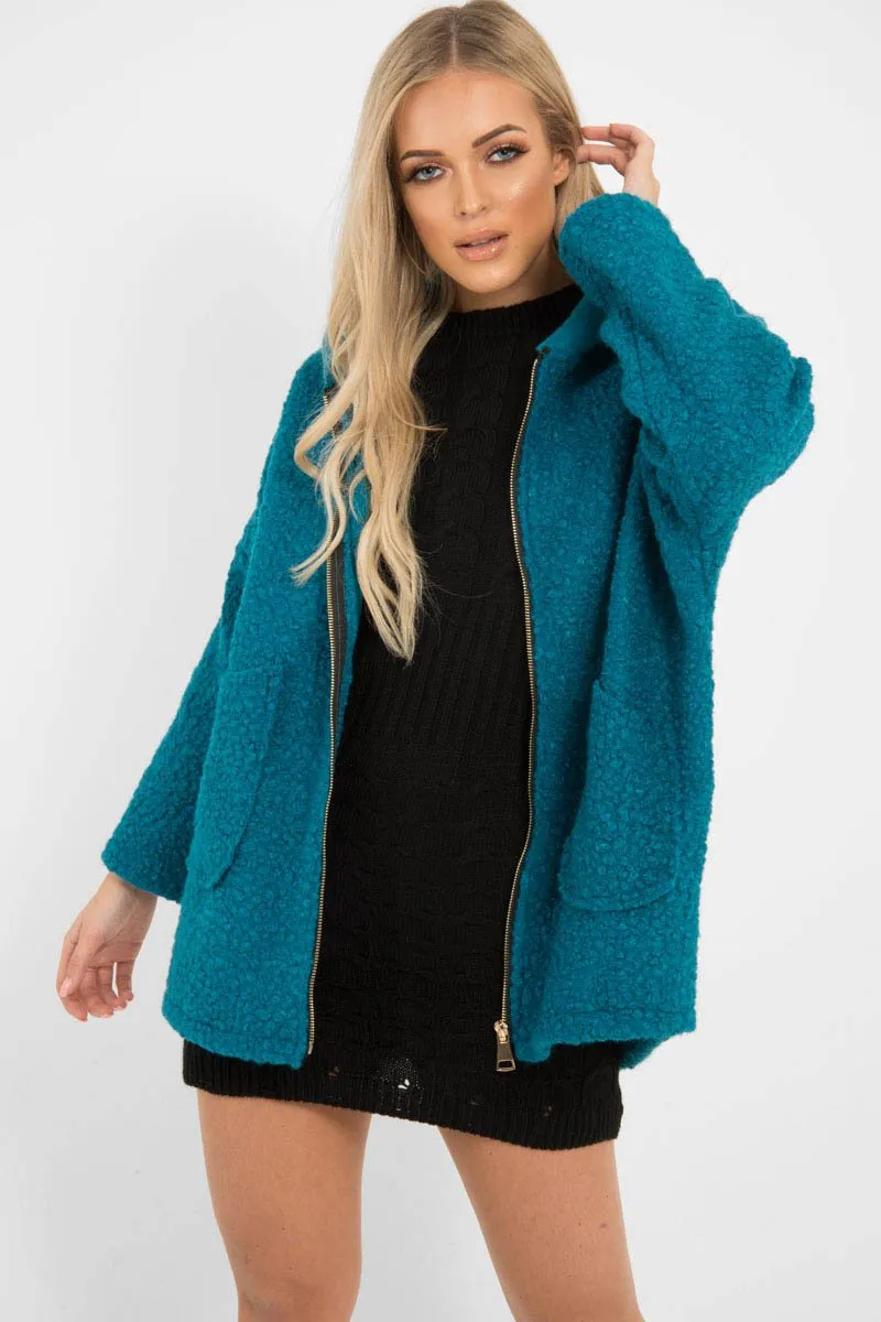 Turquoise Hooded Zip Front Borg Coat - Loryn