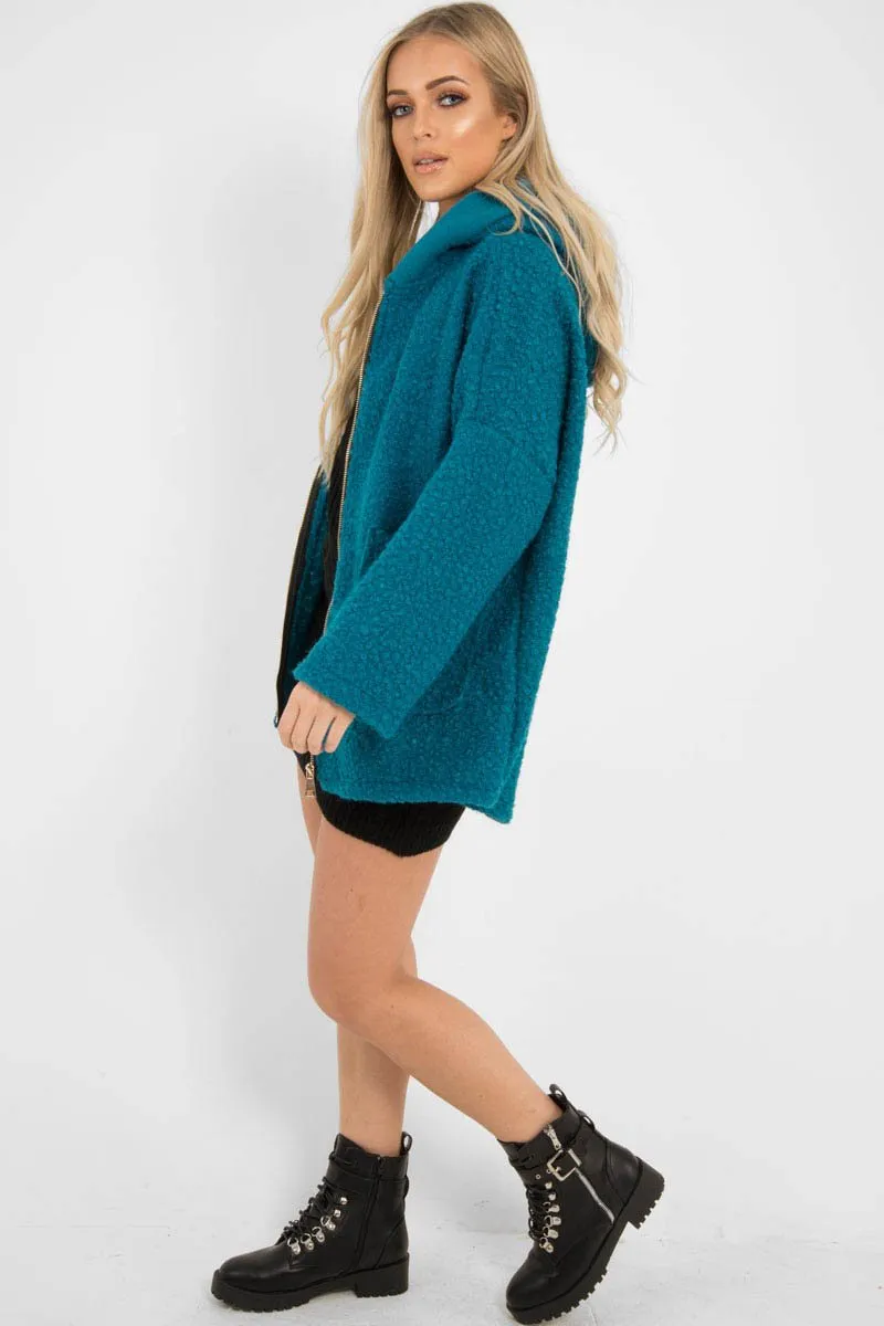 Turquoise Hooded Zip Front Borg Coat - Loryn