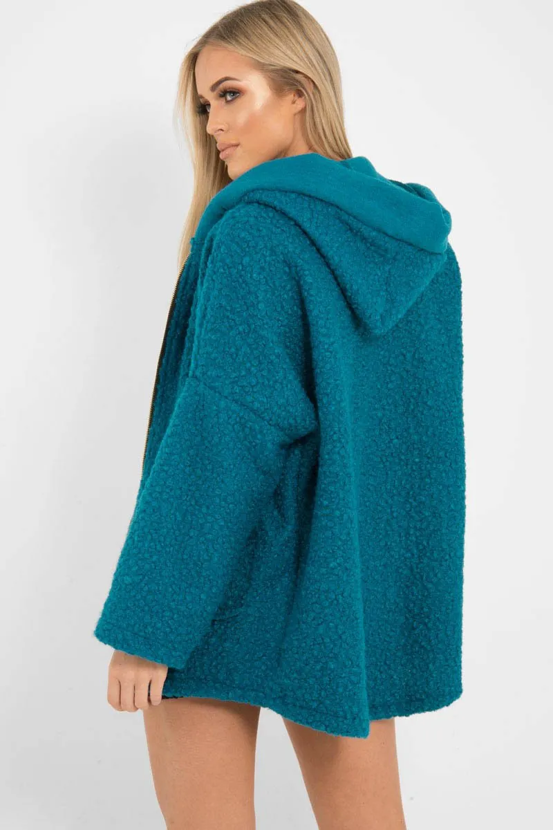 Turquoise Hooded Zip Front Borg Coat - Loryn