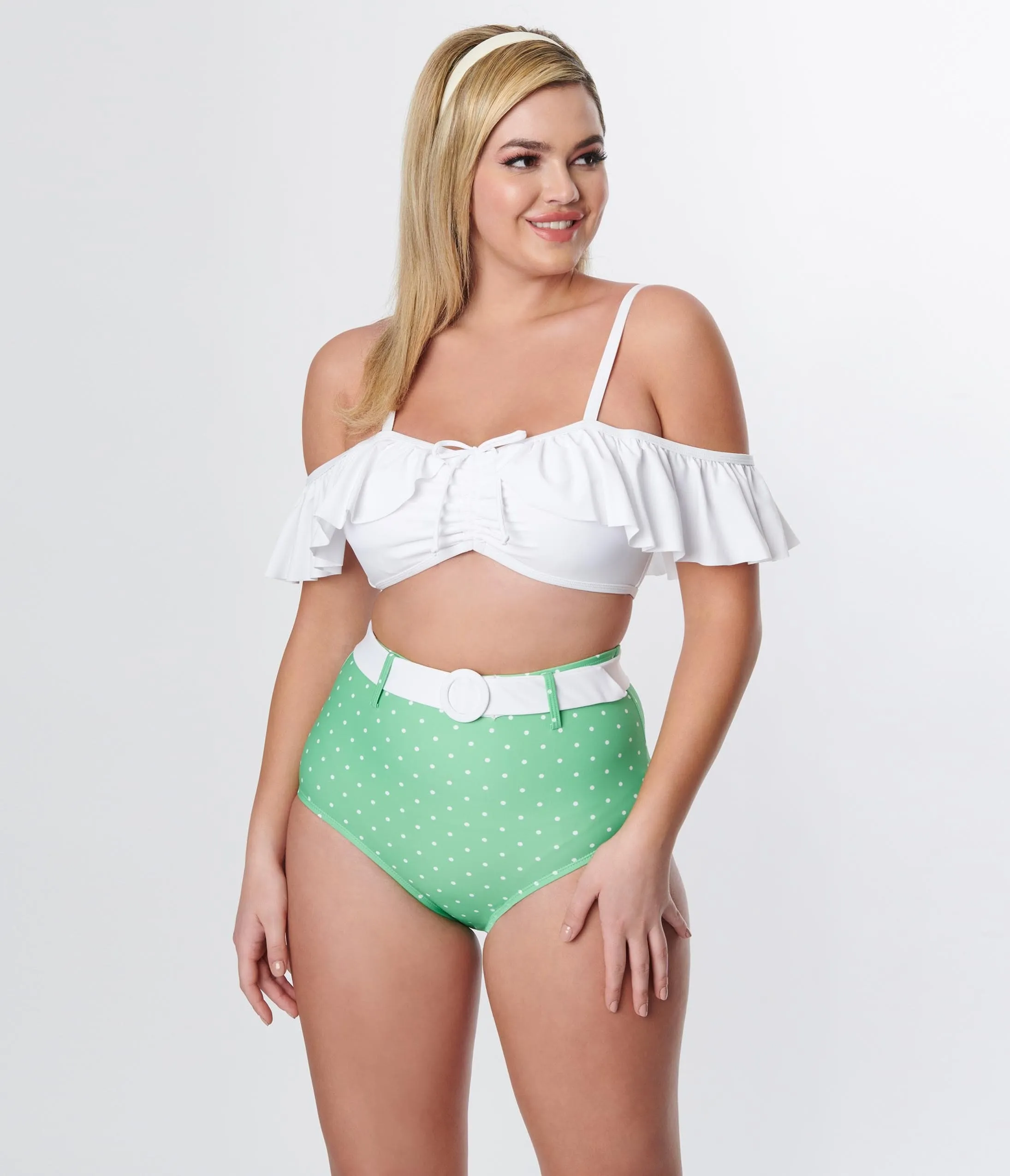 Unique Vintage Apple Mint & White Pin Dot Swim Bottoms