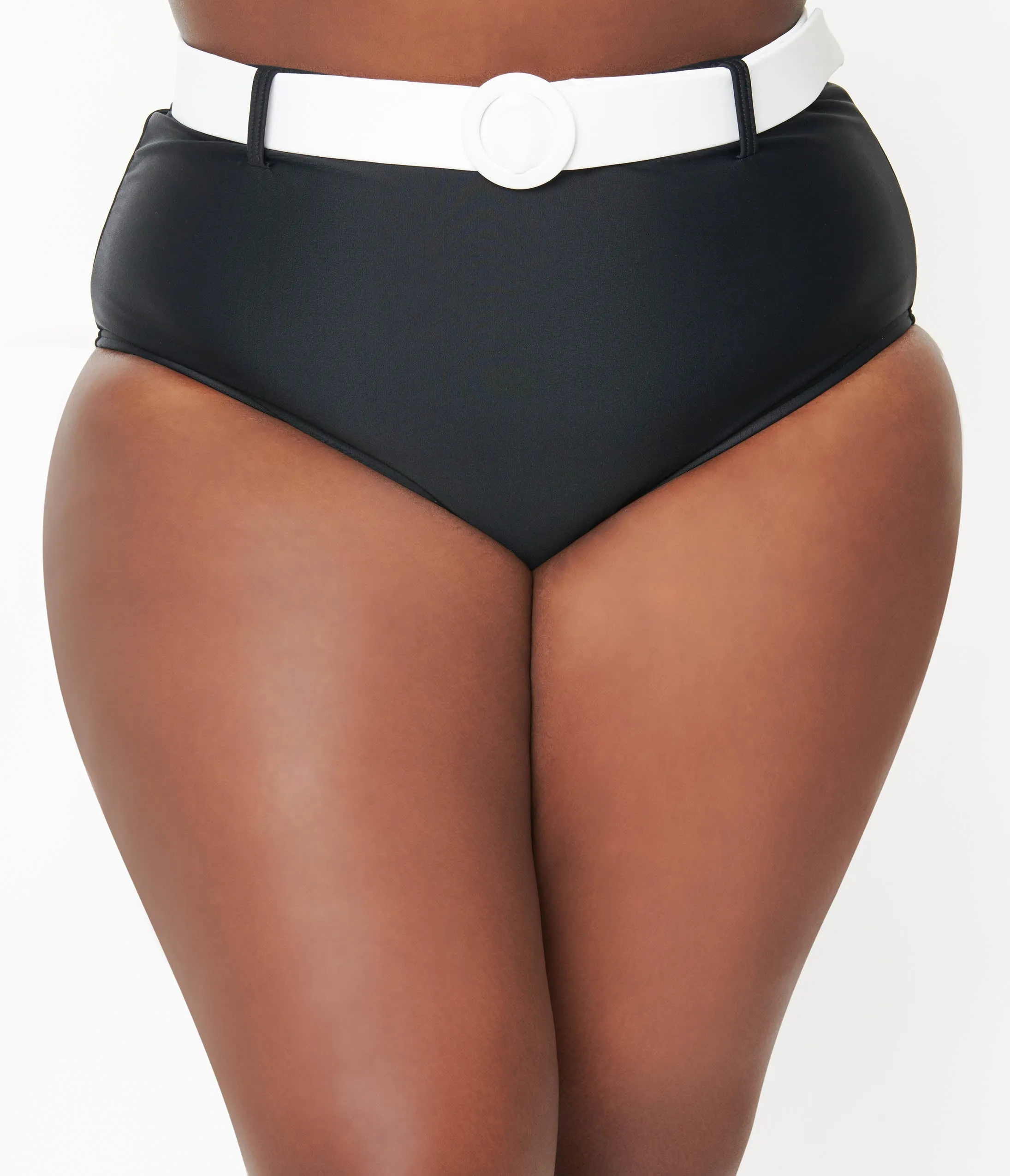 Unique Vintage Plus Size Black & White Belted Swim Bottoms