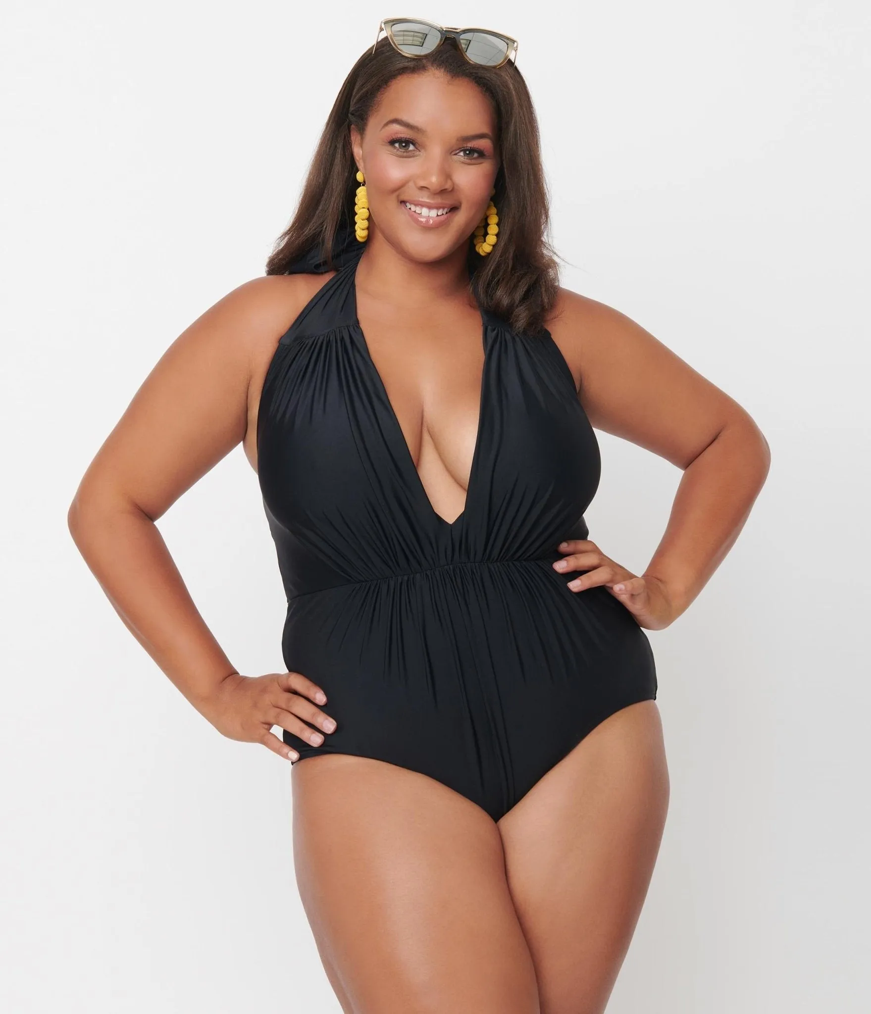 Unique Vintage Plus Size Black Halter Shirred Derek One Piece Swimsuit