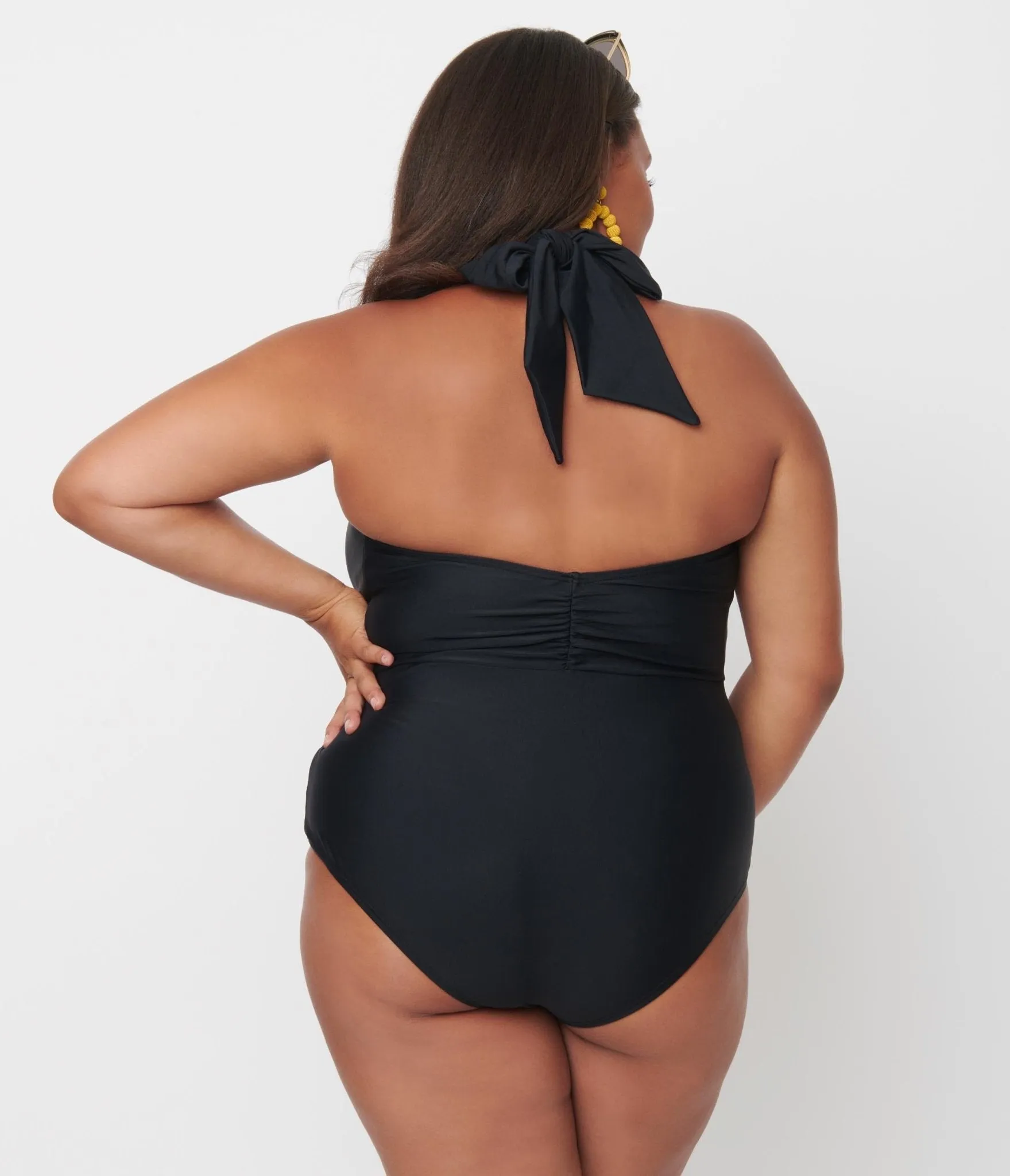 Unique Vintage Plus Size Black Halter Shirred Derek One Piece Swimsuit