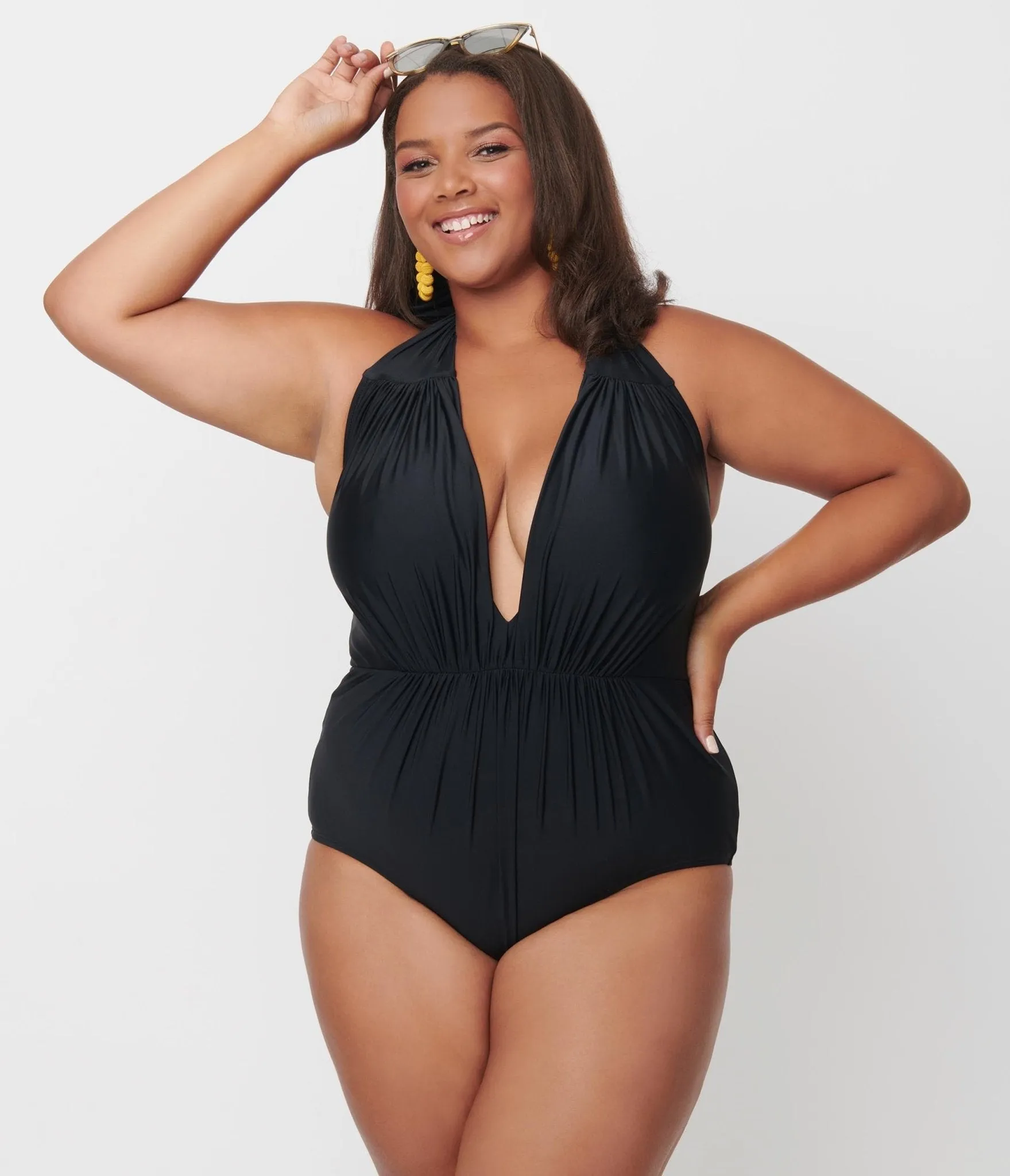 Unique Vintage Plus Size Black Halter Shirred Derek One Piece Swimsuit