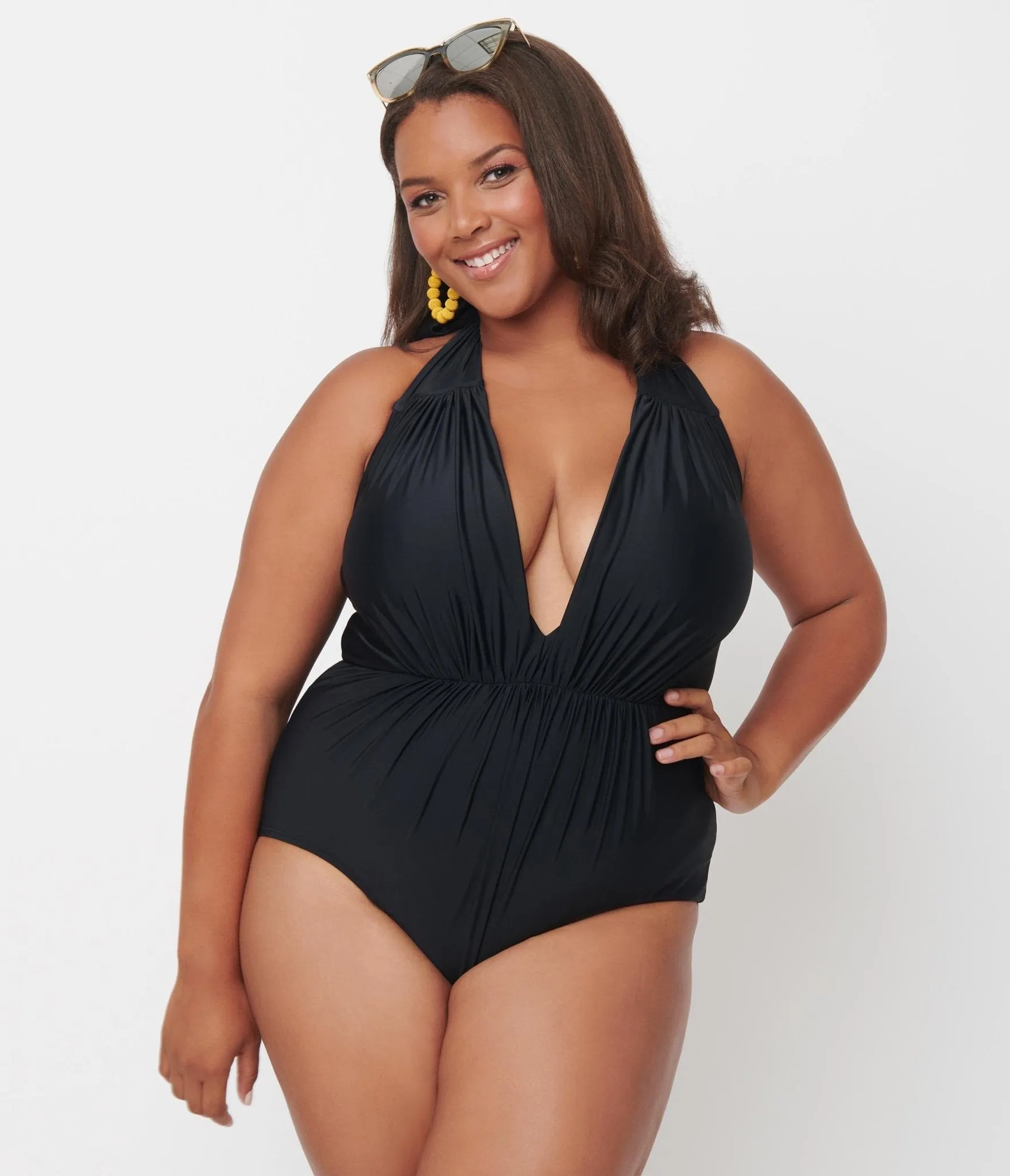 Unique Vintage Plus Size Black Halter Shirred Derek One Piece Swimsuit