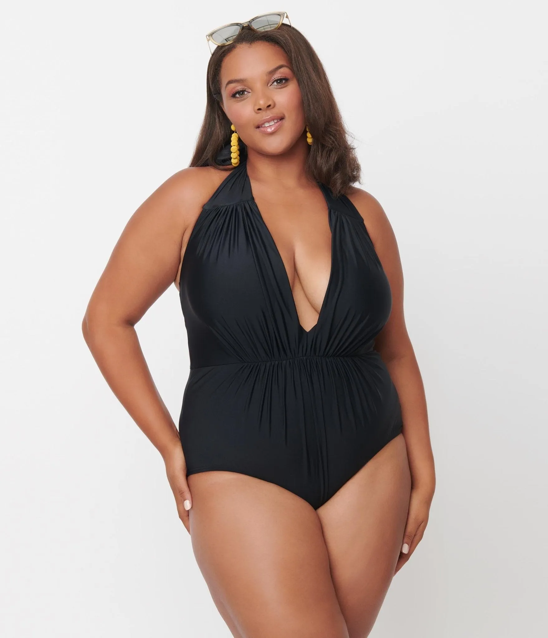 Unique Vintage Plus Size Black Halter Shirred Derek One Piece Swimsuit