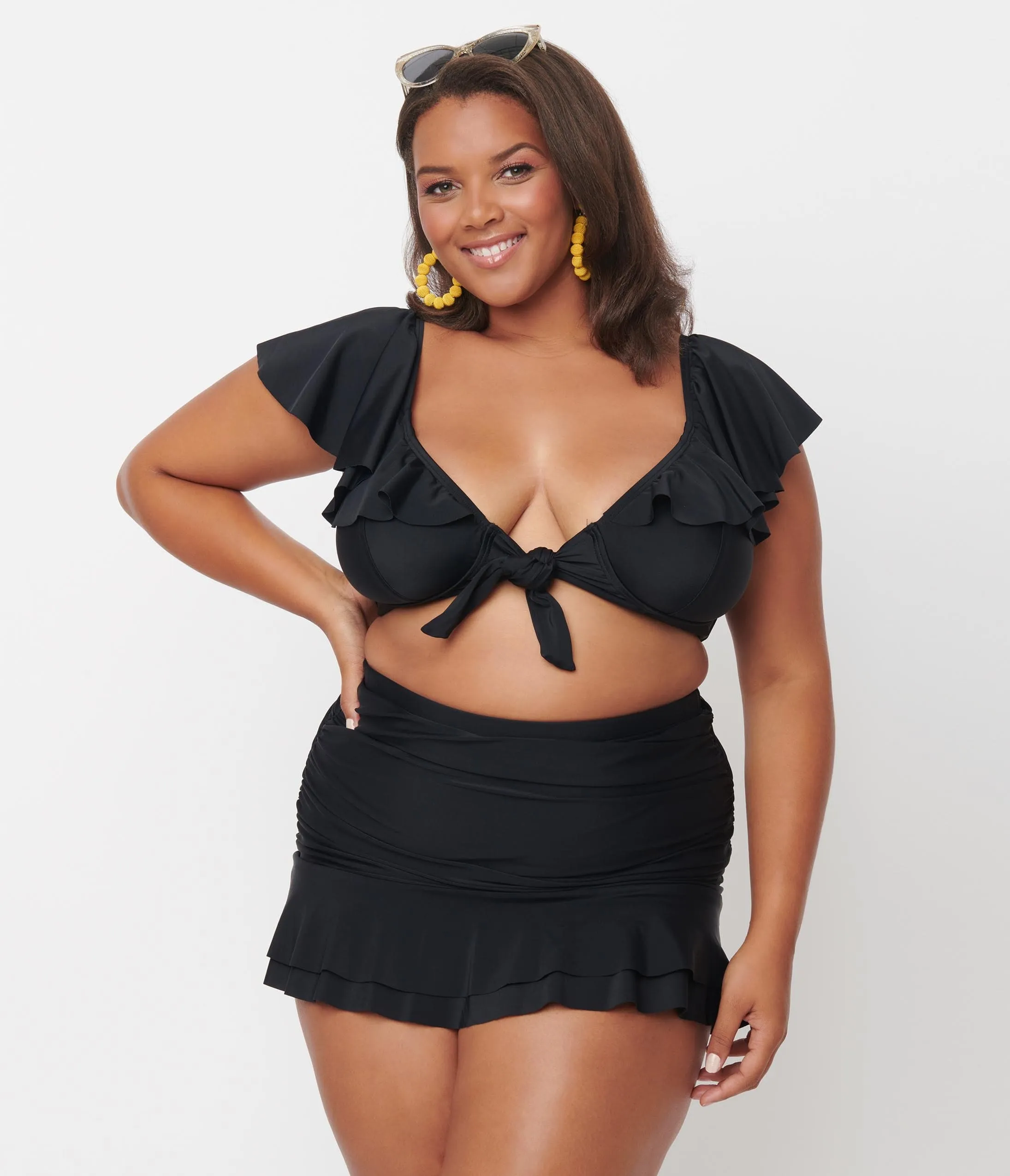 Unique Vintage Plus Size Black Ruffled Cap Sleeve Frida Swim Top