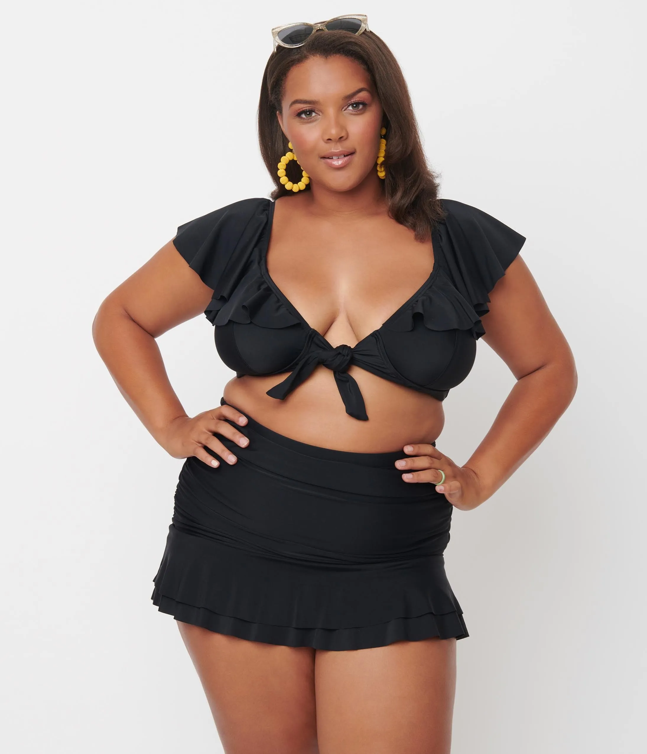 Unique Vintage Plus Size Black Ruffled Cap Sleeve Frida Swim Top