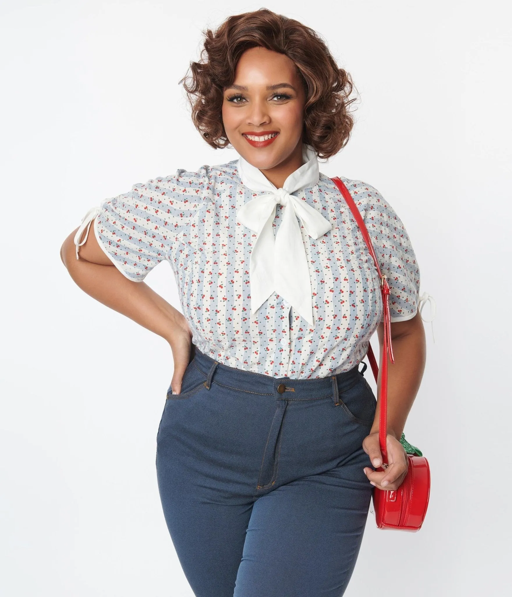 Unique Vintage Plus Size Blue & White Cherry Stripe Bow Tie Chita Blouse