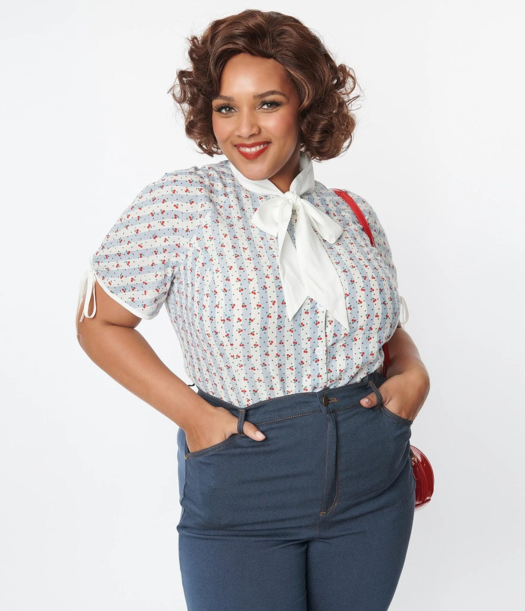 Unique Vintage Plus Size Blue & White Cherry Stripe Bow Tie Chita Blouse