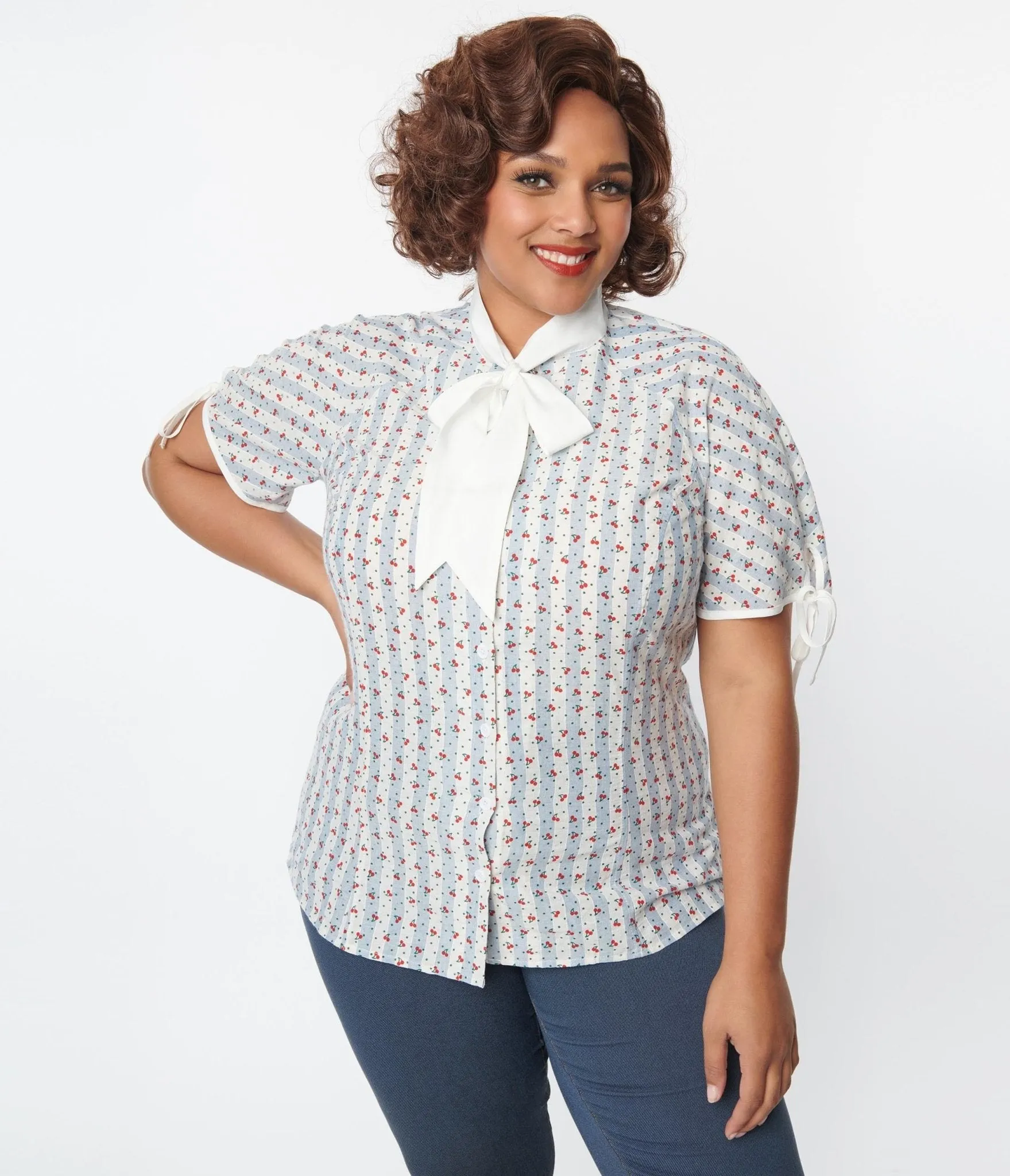 Unique Vintage Plus Size Blue & White Cherry Stripe Bow Tie Chita Blouse