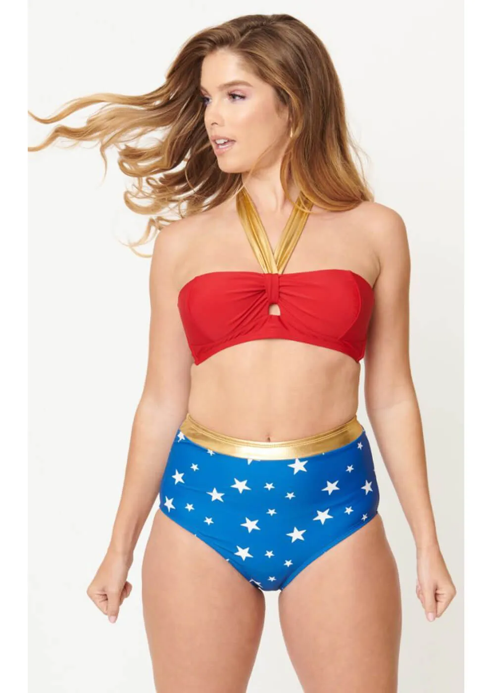 Unique Vintage x DC Comics Wonder Woman Bikini Halter Top Red Gold