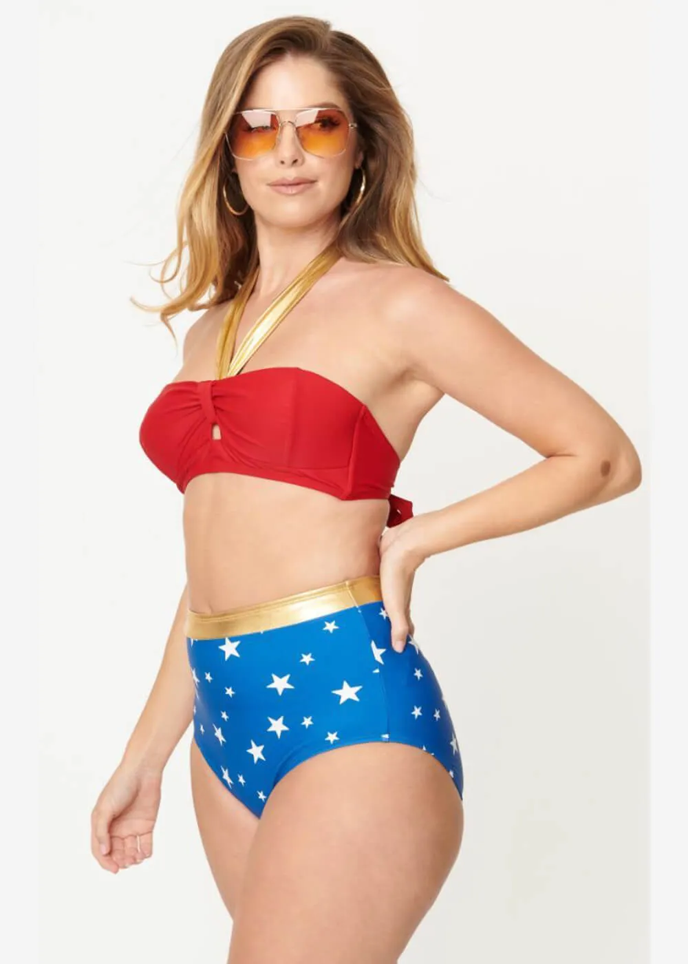 Unique Vintage x DC Comics Wonder Woman Bikini Halter Top Red Gold