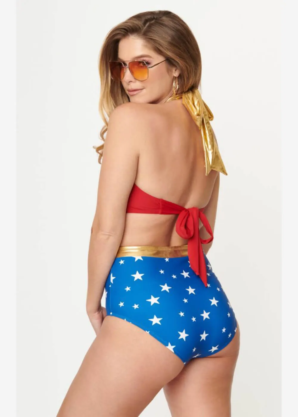 Unique Vintage x DC Comics Wonder Woman Bikini Halter Top Red Gold